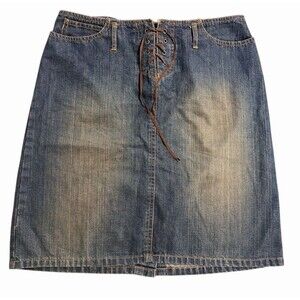 Faded Glory Blue Jean Denim Skirt Tie‎ Front Zip Back Stretch 8 Vintage Style